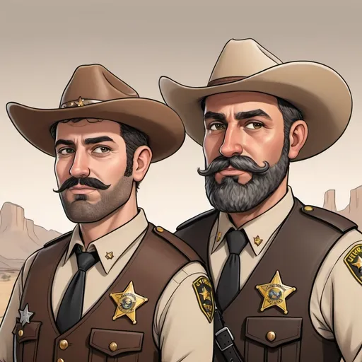 Prompt: make a cartoonish picture of a sherif and his deputy. the sheriff name is Ali. Ali has no facial hear and is short and his deputy is called francois, is tall, and has a beard. as background use Canadian rockier

