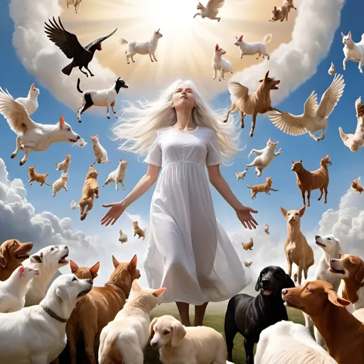Prompt: Woman with long white hair being raptured up into heaven with hundreds of cats and dogs and horses and chickens and goats and cows being levitated up to heaven also