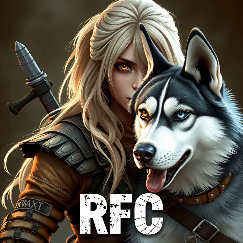 Prompt: Female with light blonde hair dressed as a warrior who fights zombies. please add a Grey and white husky dog breed with a brown and a blue eye next to the female. place the Letters "RFC" in the picture! 