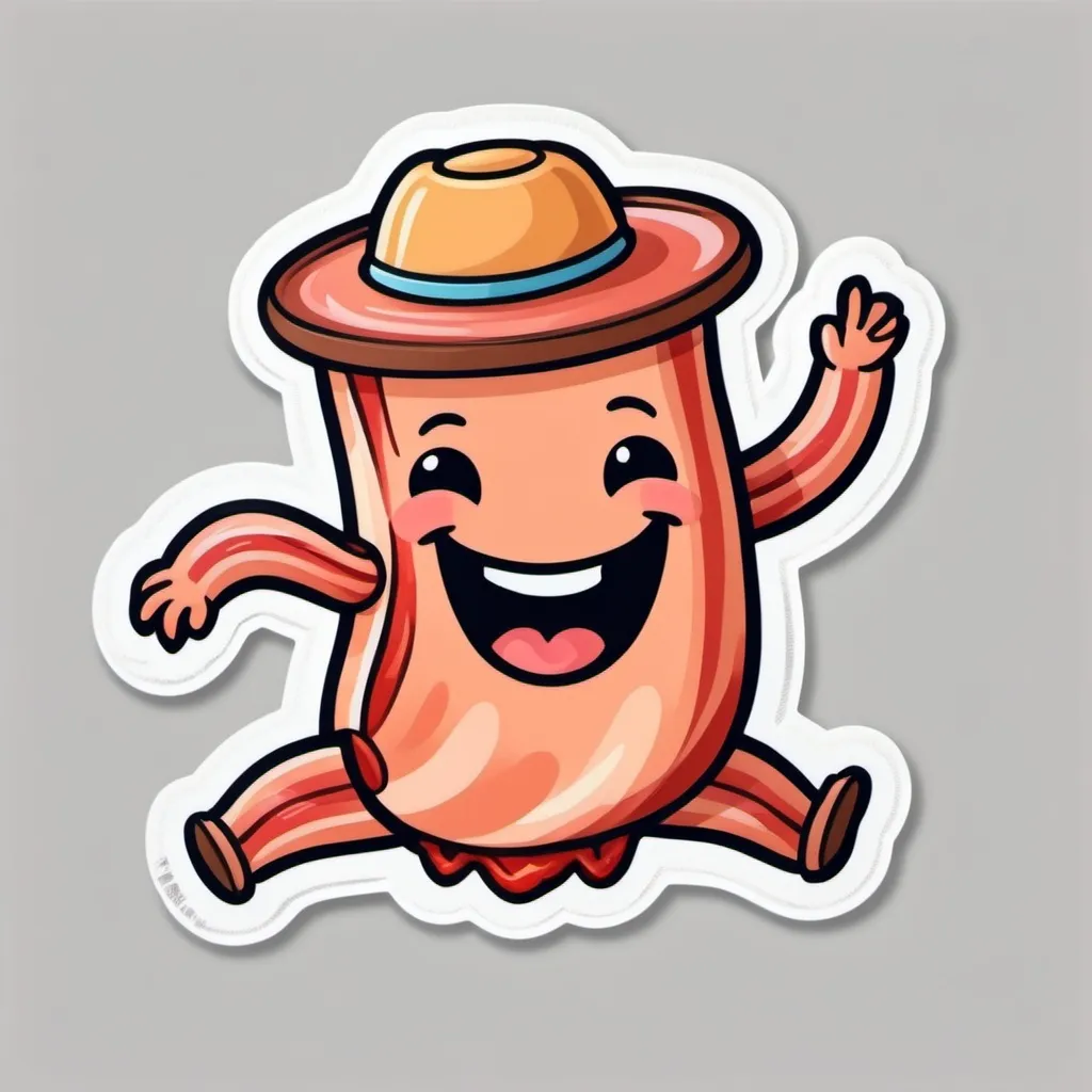 Prompt: an adorable sticker of a piece of dancing bacon with a cheerful smile on its face on a transparent background
