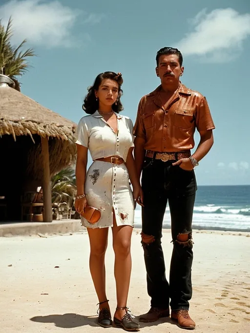 Prompt: Copper jewelry,color, film noir photography, 1950s, a rugged Mexican men with a thick medium 1950s hair style and a young beautiful Mexican woman, they are standing on a bluff next to a palapa hut in south Baja California  which overlooks the Pacific Ocean, there are large Cardon cacti and cholla  in the scene. The man is wearing clean white button up shirts with distressed Levi’s jeans and black suede George cox brand shoes. The woman is wearing a clean white dress with white pointed toe shoes and her hair is long. They are both wearing plain thick hammered copper jewelry. This image is for showcasing the copper jewelry.