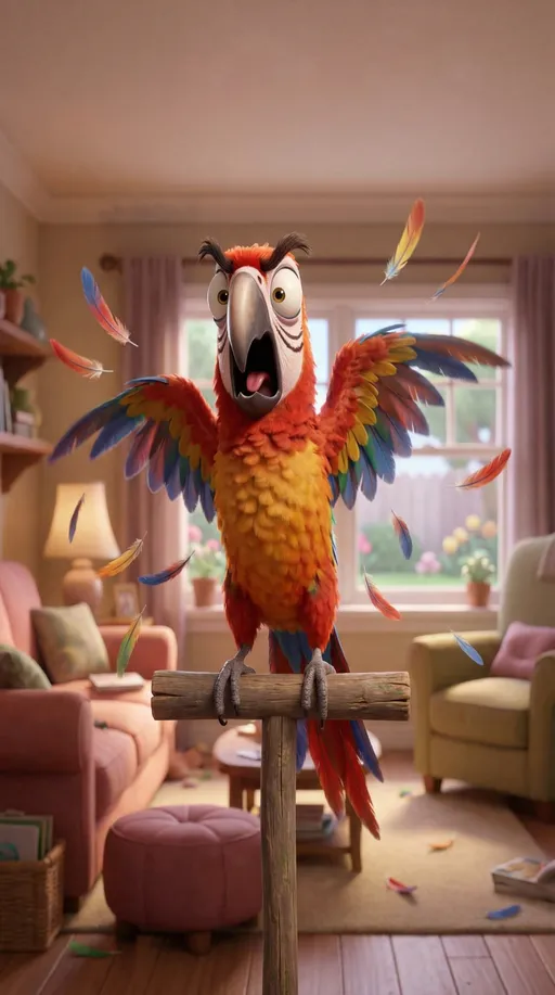 Prompt: Pixar-style 3D render of an angry parrot flaring feathers.
Eyes: scandalized glare
Eyebrows: dramatic arch
Mouth: yelling repeats
Wings: flapping aggressively
Scene: living room perch, feathers frozen mid-air