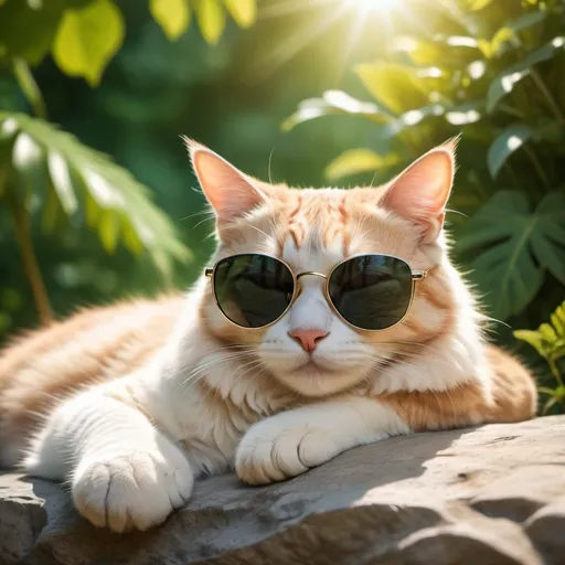 Prompt: (adorable cat), wearing stylish sunglasses, peacefully sleeping on a sunlit rock, soft sunlight casting gentle shadows, serene ambiance, background of lush greenery enhancing tranquility, high-quality details, ensuring to capture the cat's relaxed posture and the vibrant colors of nature, ultra-detailed, cozy summer vibe.