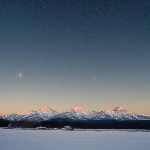 Prompt: Star filled sky at dusk with a snow peaked mountain horizon 