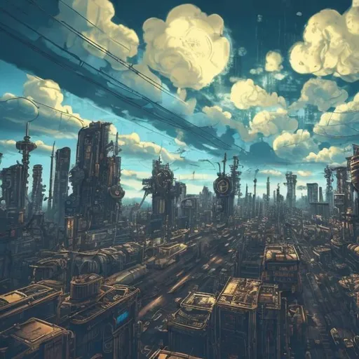 Prompt: Light blue sky with some clouds shinning over a steampunk city, in The style of cyberpunk