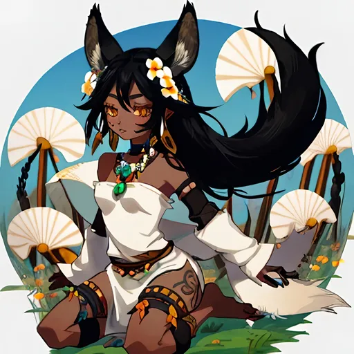 Prompt: Tribal woman with black hair, dark skin, coyote ears, flowers in her hair, a coyote tail, and coyote feet riding a deer decorated similarly. Should have white and blue clothing. Should be wearing seashell jewelry. Done in style of Wakfu.