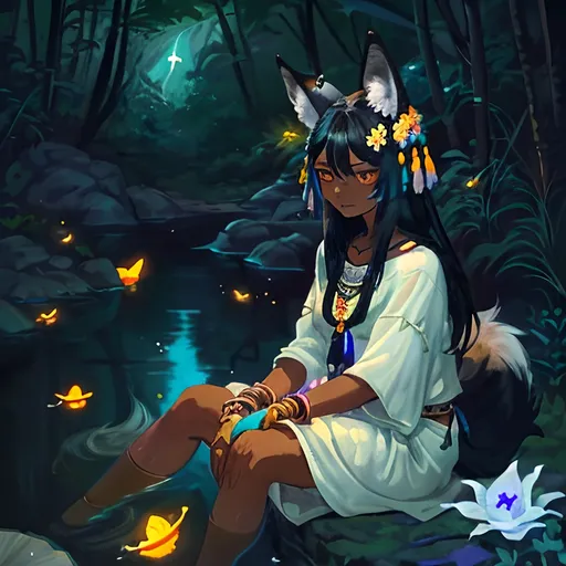 Prompt: tribal woman with black hair, dark skin, coyote ears, flowers in her hair, a coyote tail, and coyote feet sitting by a babbling brook with fireflies. Should have white and blue clothing. Should be wearing seashell jewelry.