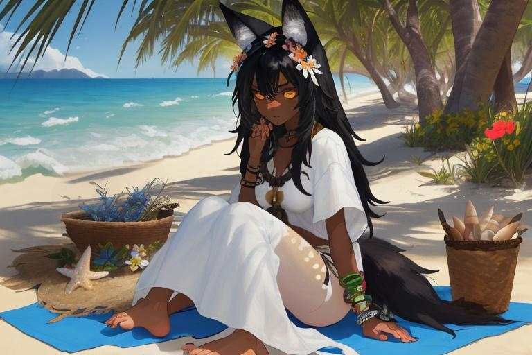 Prompt: Tribal woman with black hair, dark skin, coyote ears, flowers in her hair, a coyote tail, and coyote feet at the beach under a tree working with herbs. Should have white and blue clothing. Should be wearing seashell jewelry. fill basket with flowers