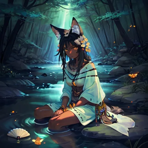 Prompt: tribal woman with black hair, dark skin, coyote ears, flowers in her hair, a coyote tail, and coyote feet sitting by a babbling brook with fireflies. Should have white and blue clothing. Should be wearing seashell jewelry.
