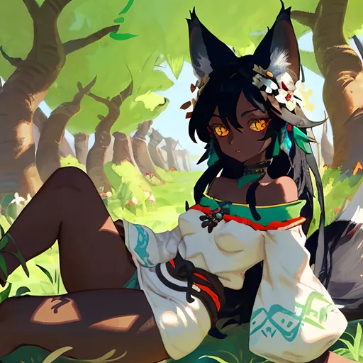 Prompt: Tribal woman with black hair, dark skin, coyote ears, flowers in her hair, a coyote tail, and coyote feet under a willow tree in the woods behind long willow branches. Should have white and blue clothing. Should be wearing seashell jewelry. Done in style of Wakfu.