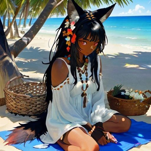 Prompt: Tribal woman with black hair, dark skin, coyote ears, flowers in her hair, a coyote tail, and coyote feet at the beach under a tree working with herbs. Should have white and blue clothing. Should be wearing shell jewelry. Flowers in basket that match style and colors of those in hair. Shells showing in basket on left.