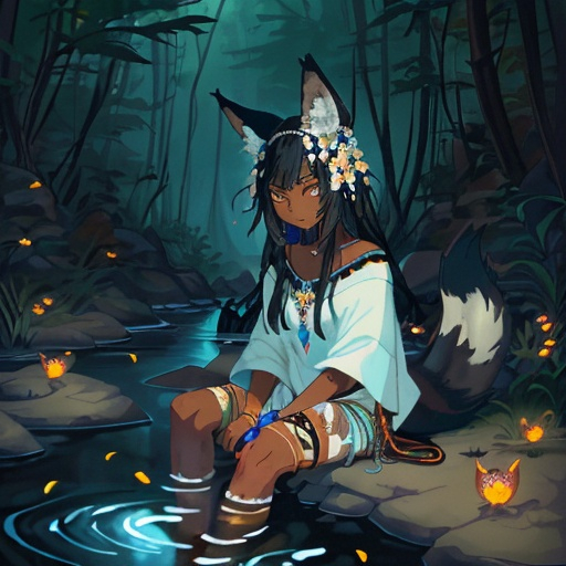 Prompt: tribal woman with black hair, dark skin, coyote ears, flowers in her hair, a coyote tail, and coyote feet sitting by a babbling brook with fireflies. Should have white and blue clothing. Should be wearing seashell jewelry.