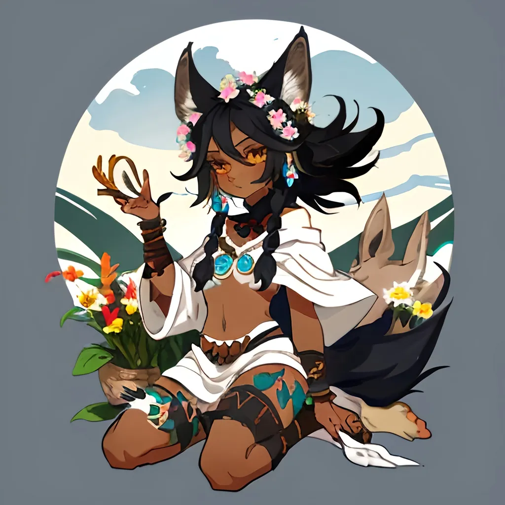 Prompt: Tribal woman with black hair, dark skin, coyote ears, flowers in her hair, a coyote tail, and coyote feet riding a deer decorated similarly. Should have white and blue clothing. Should be wearing seashell jewelry. Done in style of Wakfu.