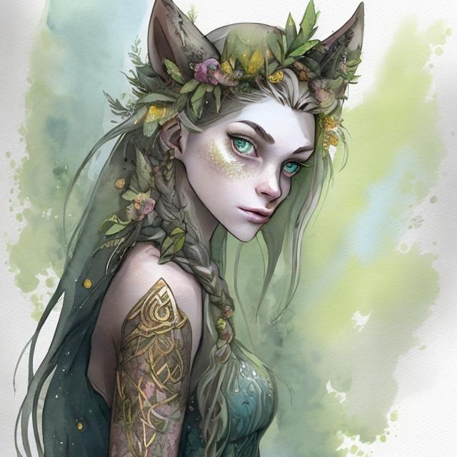 Prompt: Create the following character in watercolor with a Celtic flair and random bits of gold ink painted over, should primarily be a portrait but with a bit of a mystical forest background: Should be modern female, tall, with straight blonde hair (Hair should be a strong focus, green eyes, freckles. Should involve herbs and plants and include a wolf in the background in a mystical forest.