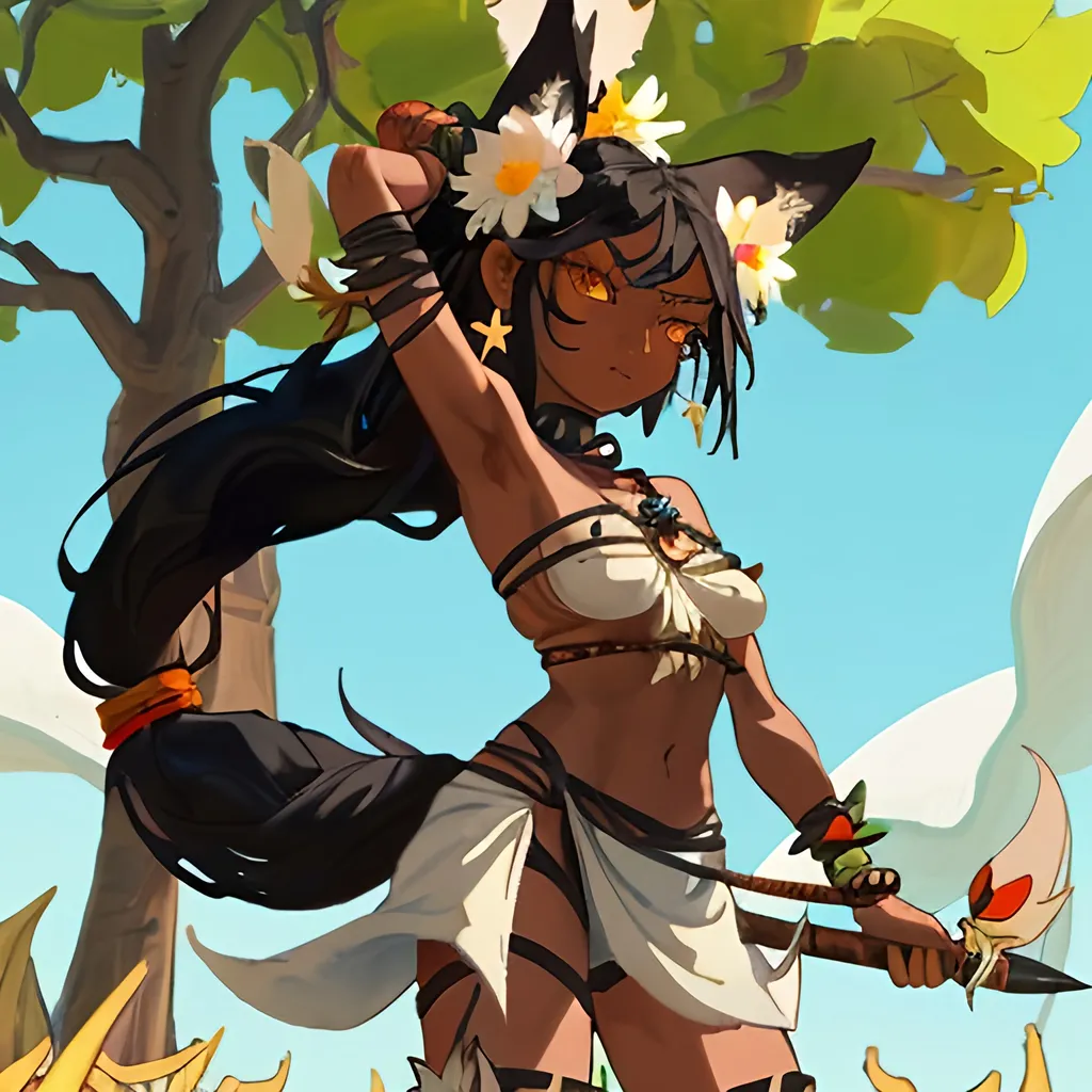 Prompt: Tribal woman with black hair, dark skin, coyote ears, flowers in her hair, a coyote tail, and coyote feet. She is posing with a spear ready for battle in front of a ginkgo tree. Should have white and blue clothing. Should be wearing seashell jewelry. Done in Wakfu style.