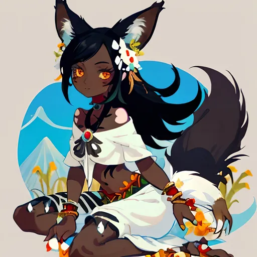 Prompt: Tribal woman with black hair, dark skin, coyote ears, flowers in her hair, a coyote tail, and coyote feet riding a deer decorated similarly. Should have white and blue clothing. Should be wearing seashell jewelry. Done in style of Wakfu.