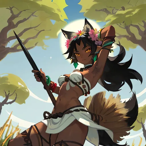 Prompt: Tribal woman with black hair, dark skin, coyote ears, flowers in her hair, a coyote tail, and coyote feet. She is posing with a spear ready for battle in front of a ginkgo tree. Should have white and blue clothing. Should be wearing seashell jewelry. Done in Wakfu style.