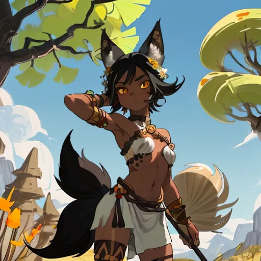 Prompt: Tribal woman with black hair, dark skin, coyote ears, flowers in her hair, a coyote tail, and coyote feet. She is posing with a spear ready for battle in front of a ginkgo tree. Should have white and blue clothing. Should be wearing seashell jewelry. Done in Wakfu style.