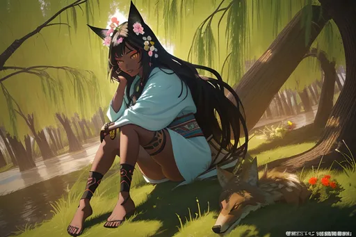 Prompt: Photorealistic anime tribal woman with black hair, dark skin, coyote ears, flowers in her hair, a coyote tail, and coyote feet under a willow tree in the woods behind long willow branches. Should have white and blue clothing. Should be wearing seashell jewelry.