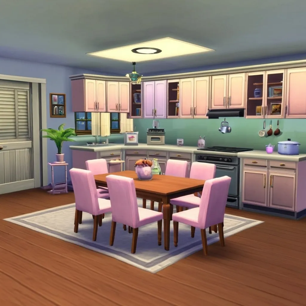 Prompt: a cute y2k living room with american kitchen in the sims 2. furnitures look like they're from a kubrick movie and in pastel colors.