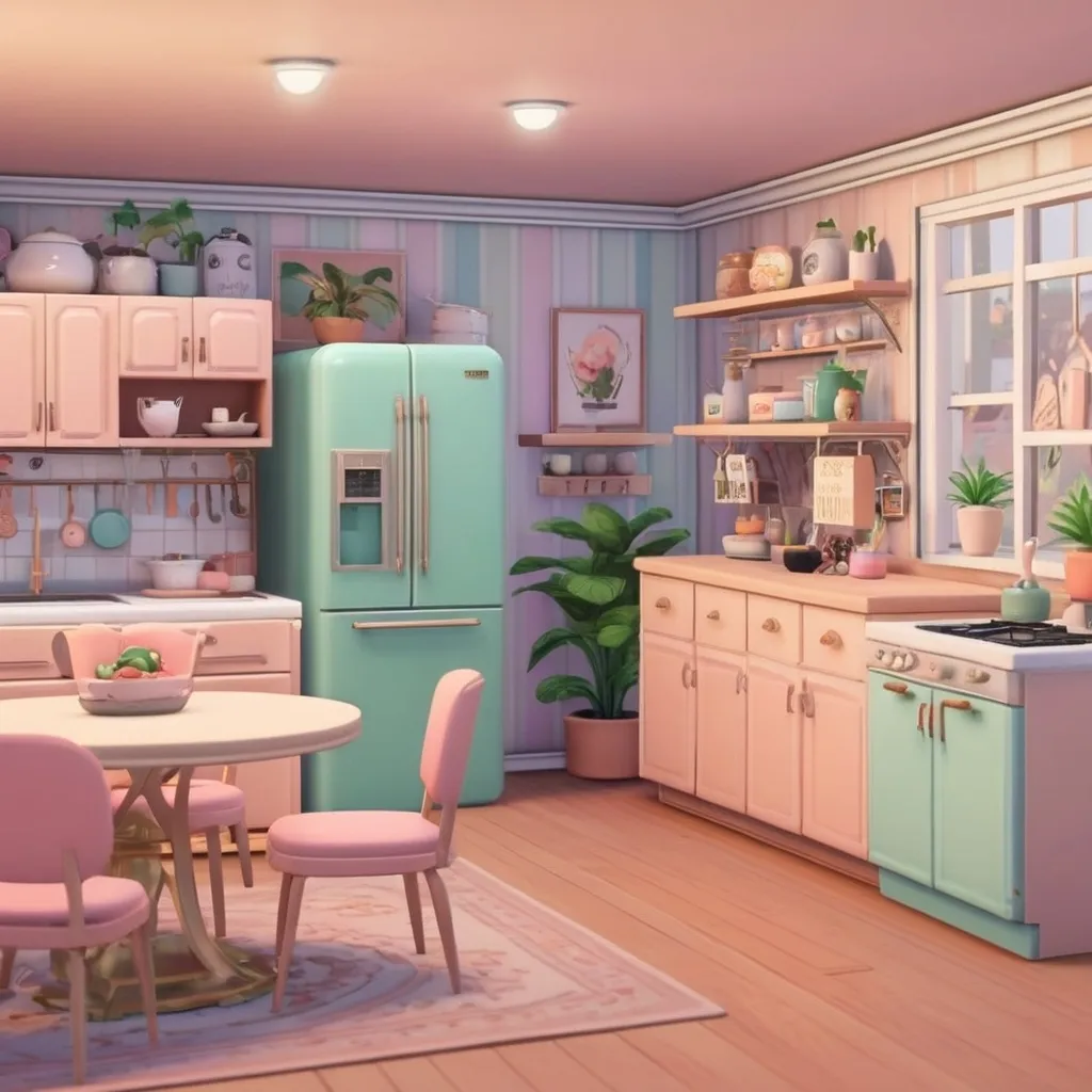 Prompt: a cute y2k living room with american kitchen in the sims 2. furnitures look like they're from a kubrick movie and in pastel colors.