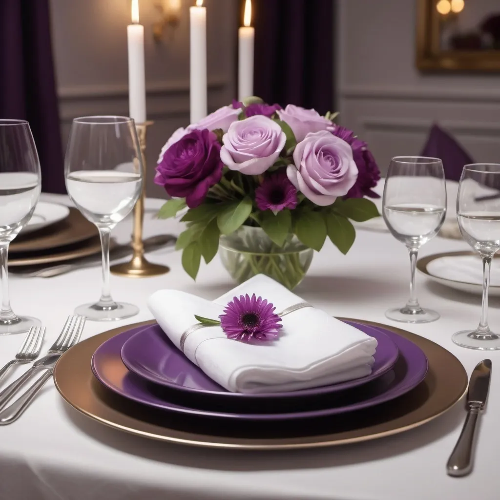 Prompt: ELEGANT TABLE SET WITH TEXTILE TABLECLOTH, TEXTILE NAPKIN. ALL IN WHITE. THE TABLE HAS BEAUTIFUL PLATES AND CUTLERY AND A WHITE FLOWER IN A VASE. THE TABLE HAS A PURPLE CENTERPIECE