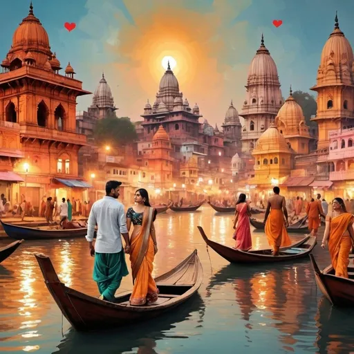 Prompt: Pictorial representation of Banaras fused with the theme of love