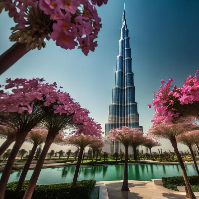 Prompt: Burj Khalifa tower with flowers and trees