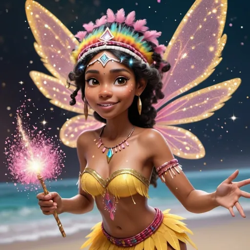 Prompt: Animated 
Adult Black American Indian with native american headdress Tinkerbell like fairy with brown skin and curly hair holding wand in her right hand with lot of pink and yellow sparkly fairy dust pouring from wand while she flies over the ocean