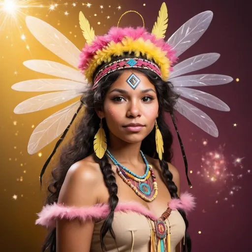 Prompt: Adult Black American Indian with native american headdress Tinkerbell like fairy with brown skin and curly hair sprinkling down lots yellow and pink fairy dust from a fairy wand