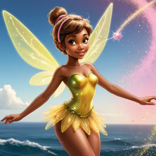 Prompt: Tinkerbell like fairy with brown skin sprinkling yellow and pink fairy dust while  flying over the ocean
