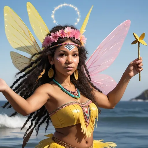 Prompt: Adult Black American Indian with native american headdress Tinkerbell like fairy with brown skin and curly hair sprinkling down lots yellow and pink fairy dust from a fairy wand held in her right hand while flying over the ocean