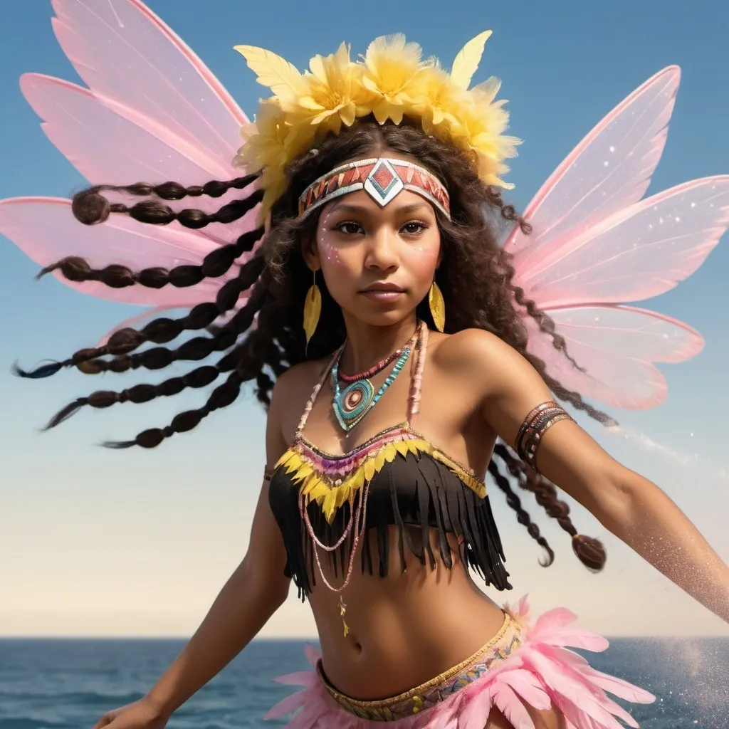 Prompt: Black American Indian with native american headdress Tinkerbell like fairy with brown skin and curly hair sprinkling down lots yellow and pink fairy dust while  flying over the ocean
