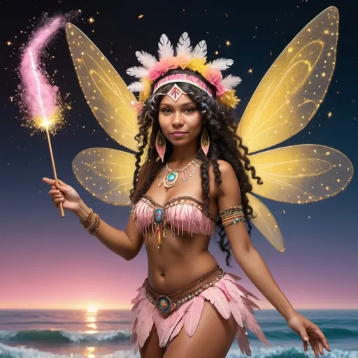 Prompt: Adult Black American Indian with native american headdress Tinkerbell like fairy with brown skin and curly hair holding wand in her right hand with lot of pink and yellow sparkly fairy dust pouring from wand while she flies over the ocean