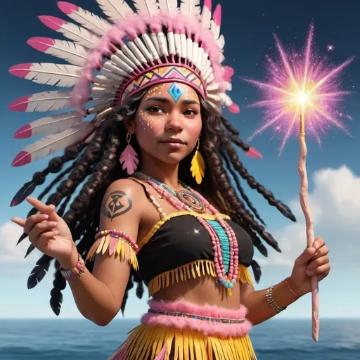 Prompt: Animated 
Adult Black American Indian with native american headdress fairy with brown skin and curly hair holding wand in her right hand with lot of pink and yellow sparkly fairy dust pouring from wand while she flies over the ocean. She wears a Native American dress with pink and yellow fringes
