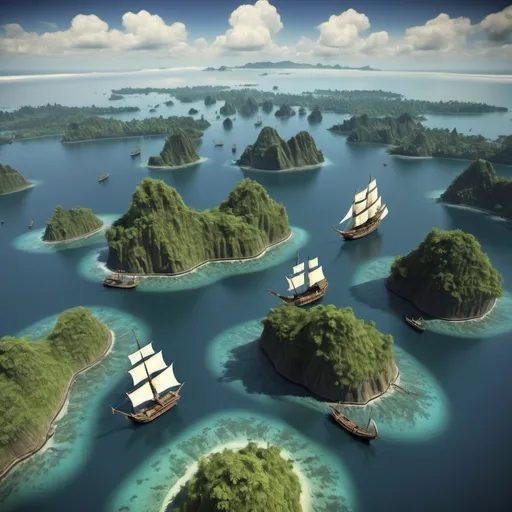 Prompt: Indonesia archipelago long time ago with ships at the seas