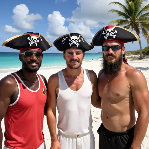 Prompt: World cricket team captains in the Caribbean beach wearing pirate hats