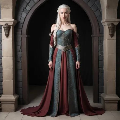 Prompt: A medieval fantasy dress on an adult woman, full body shot, slender and elegant, elven inspired, game of thrones, targaryen house, no shoulder armor