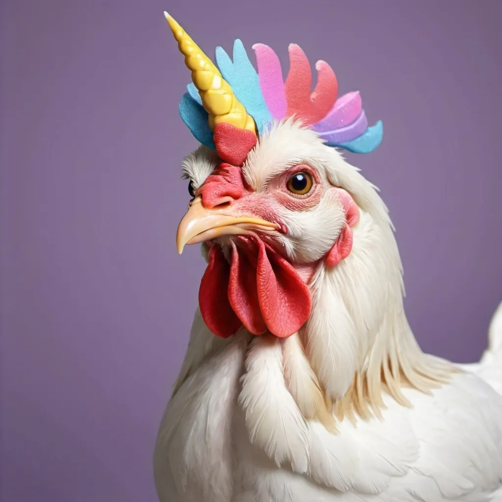 Prompt: create a picture of a chicken as an unicorn