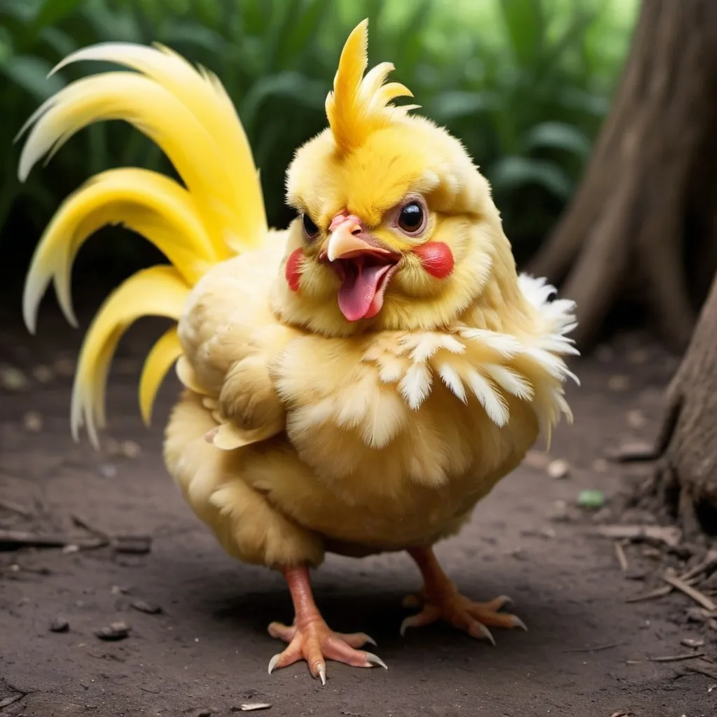 Prompt: create a picture of a chicken as a Pikachu looking a bit more like a grown up chicken with a natural looking feathery tail