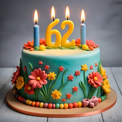 Prompt: create a 62nd birthday cake for Lourdes, with candles and a cheerful theme