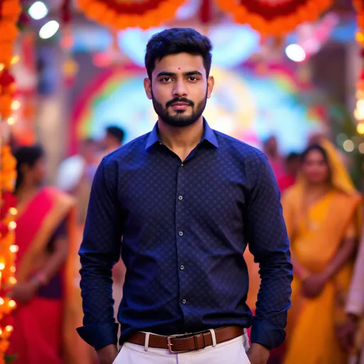 Prompt: Dressed in a navy blue patterned shirt and white trousers, a man stands confidently against a vibrant backdrop of red and orange decorations, likely from a festive celebration or religious ceremony. His expression is serious yet approachable, with a neatly groomed beard and short hair that adds to his polished appearance. Surrounding him are blurred figures dressed in bright traditional attire, including a woman in a striking yellow sari, contributing to the lively and colorful atmosphere. The scene is illuminated by soft, warm lights, enhancing the festive mood and creating a sense of communal celebration and devotion.