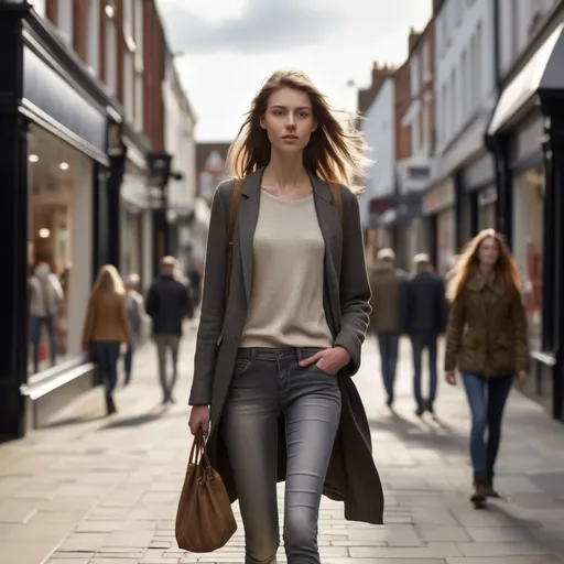 Prompt: Tall young woman walking down the high street, detailed clothing, realistic, natural lighting