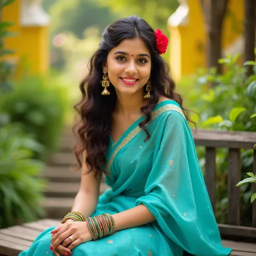 Prompt: Draped in a shimmering turquoise saree, a young woman sits gracefully on a rustic wooden bench in a lush, green outdoor setting, embodying both elegance and charm. With flowing, curly hair adorned with a vibrant red flower, her bright smile and expressive eyes draw attention, highlighted by traditional golden earrings. The warm sunlight filters through the foliage, casting a gentle glow that enhances the scene's inviting atmosphere. The background, filled with soft greenery and hints of yellow stairs, suggests a serene park or garden, adding to the cheerful yet tranquil mood captured in this moment. Clasped delicately in her hands are several intricately designed bangles, revealing a fusion of modernity and tradition in her overall look, speaking to a story of celebration and cultural pride.