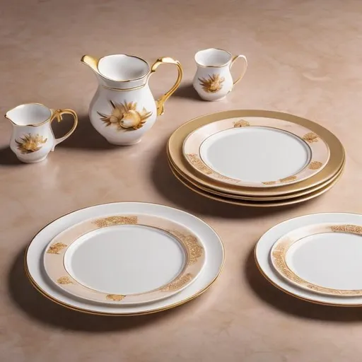 Prompt: Platos de Porcelana con Borde Dorado:
   - Característica: Porcelana fina con detalles dorados.
   - Diseño clásico y elegante para ocasiones especiales.