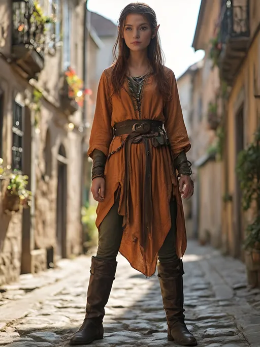 Prompt: Photorealistic image of an elven woman, artfully depicted at approximately 3' tall, features heavily tanned skin with rosy highlights, shiny chestnut hair, and bright hazel eyes. Her form showcases her slender build and hourglass figure.  Bright, but plain tunic and leggings.  Knee high boots, flat soled and practical.  Setting is an old European town, similar in architecture to Prague, or Budapest. 
Set against a vibrant color scheme that enhances her lively appearance, ultra-detailed, HD quality.