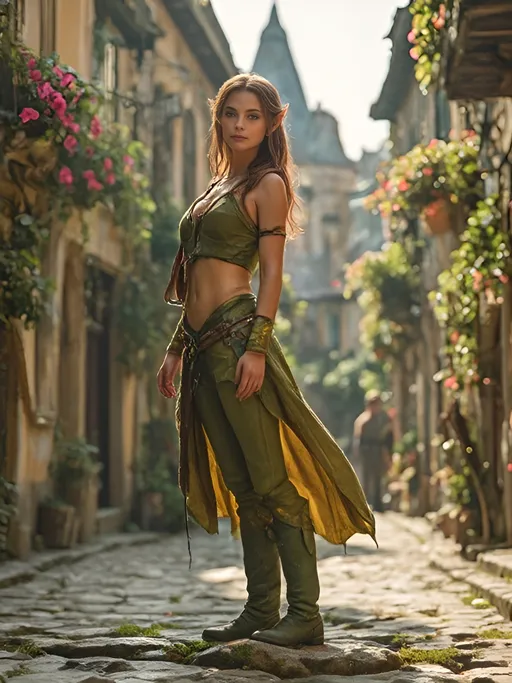 Prompt: Image of an elven woman, artfully depicted at approximately 3' tall.  Features heavily tanned skin with rosy highlights, shiny chestnut hair, and bright hazel eyes. Her form showcases her slender build and hourglass figure.  Bright, but plain tunic and leggings.  Knee high boots, flat soled and practical.  Setting is an old European town, similar in architecture to Prague, or Budapest. 
Set against a vibrant color scheme that enhances her lively appearance, ultra-detailed, HD quality.