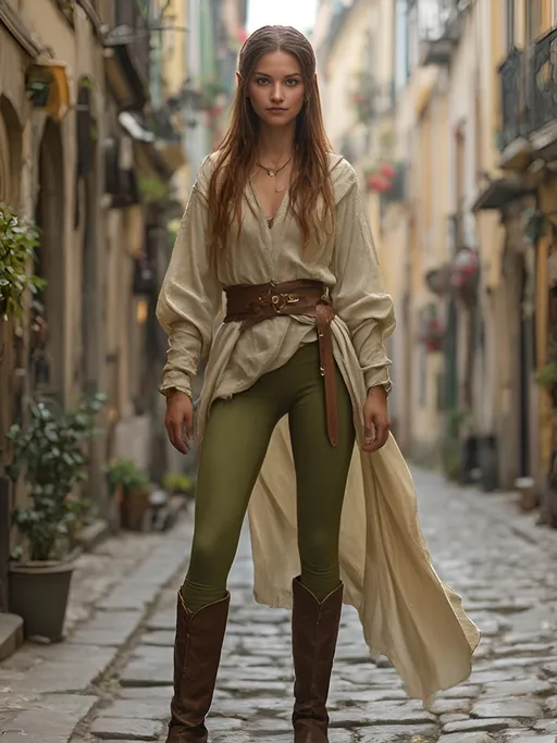 Prompt: Photorealistic image of an elven woman, artfully depicted at approximately 3' tall, features heavily tanned skin with rosy highlights, shiny chestnut hair, and bright hazel eyes. Her form showcases her slender build and hourglass figure.  Bright, but plain tunic and leggings.  Knee high boots, flat soled and practical.  Setting is an old European town, similar in architecture to Prague, or Budapest. 
Set against a vibrant color scheme that enhances her lively appearance, ultra-detailed, HD quality.