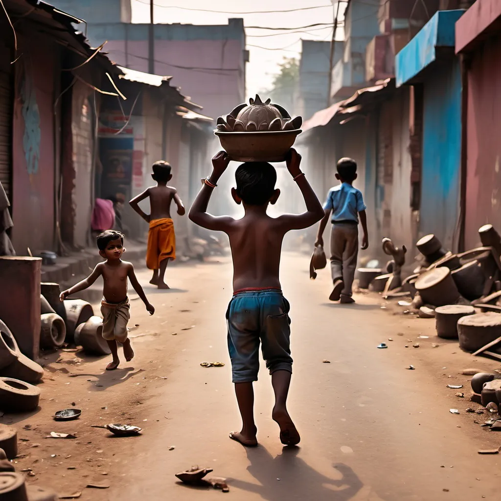 Prompt: A young boy taking Ganesha idol on his head followed by small children.
They are going towards an old man fixing an old chair on a street of junkyard. It's an Indian chawl setting in the backdrop. Kabadi wala Colony.