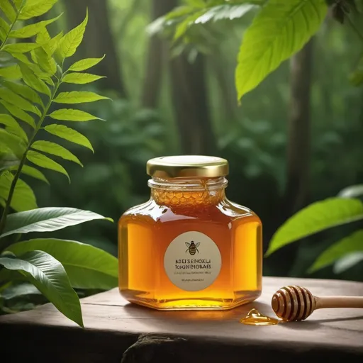 Prompt: "Enhance your product experience with a touch of nature and sweetness. Picture a bottle filled with honey, delicately placed on a table, ready to add a dash of natural goodness to your moments. Behind it, immerse yourself in the lush greenery, envisioning honey sourced from deep within the jungle, perhaps even from the enchanting Sundarbans. Let the backdrop of nature's beauty elevate your product to new heights, making it a perfect fit for any setting."